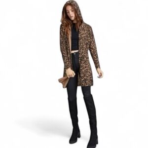 🦋Charter Club Luxury Cashmere Beige Leopard Animal Print Cardigan w/ Hoodie